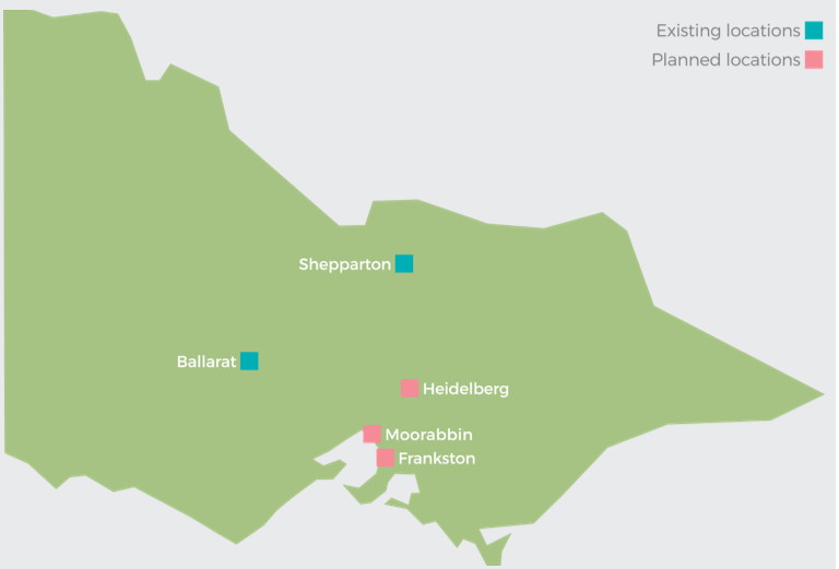 Existing locations, Planned locations, Shepparton, Ballarat, Heidelberg, Moorabin, Frankston Source: FVRIM based on information from Magistrates' Court of Victoria