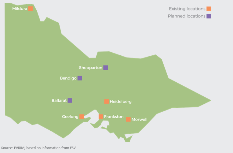 Existing locations, Planned locations, Mildura, Shepparton, Bendigo, Ballarat, Geelong, Hidelberg, Frankston, Geelong, Morwell