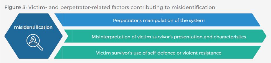 3 factors contributing to misidentification: Perpetrator's manipulation of the system, misinterpretation of victim survivor's presentation and characteristics and victim survivor's use of self-defence or violent resistance