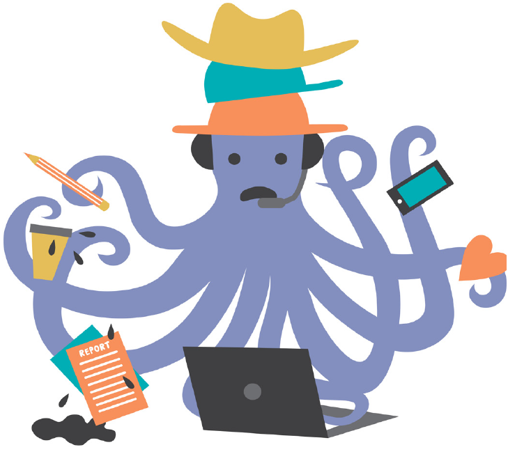 Illustration shows an octopus with all of its hands full and wearing several hats.