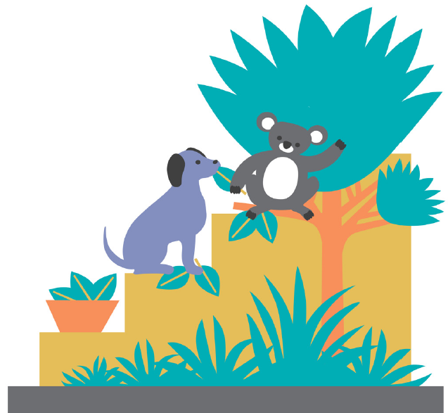 Illustration shows a koala and dog working together collecting leaves.