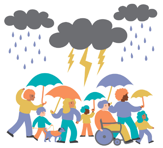 Illustration shows a women and children holding umbrellas while overhead are dark storm clouds with rain and lightning..