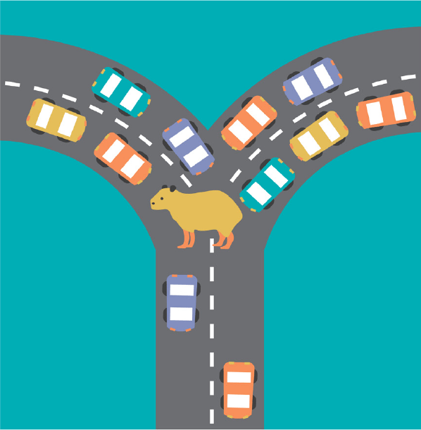 Illustration that shows four lanes of traffic being blocked by an animal and few cars getting past.